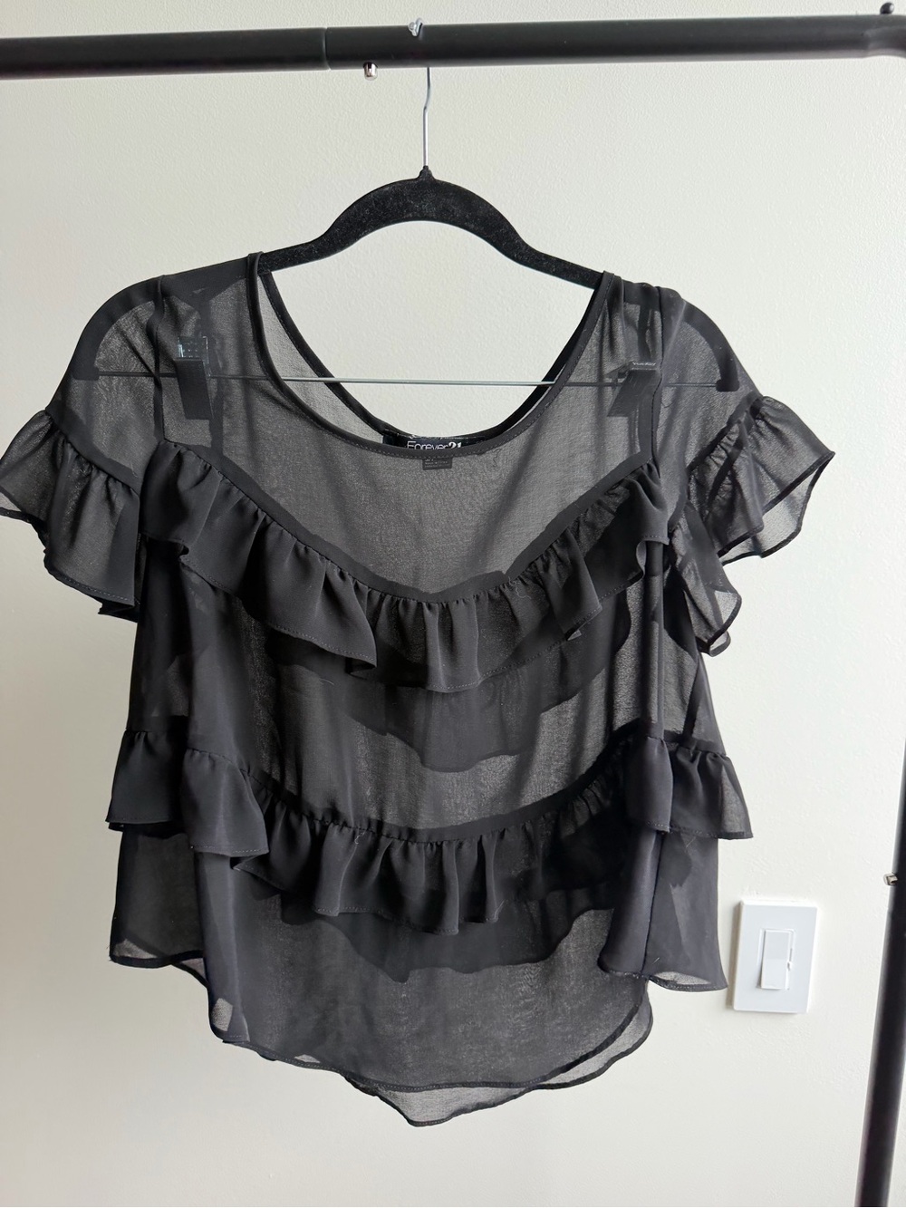 Forever 21 Black Sheer Chiffon Tiered Ruffle Blouse Size S